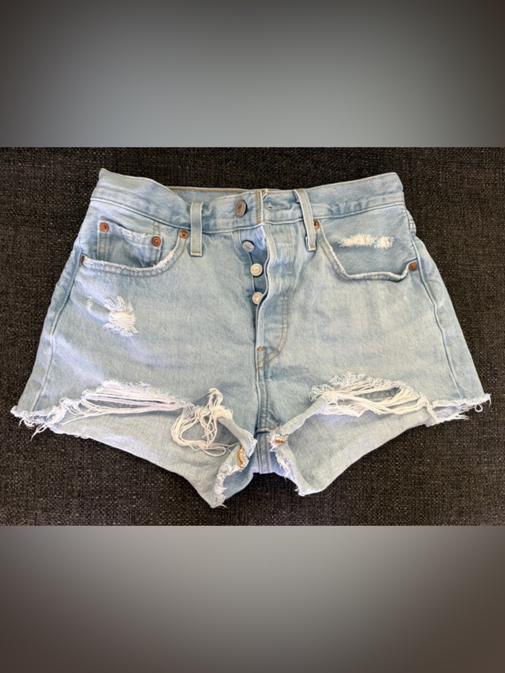 Levi’s 501 Denim Shorts Size W27 High Rise Button Fly Light Wash Distressed